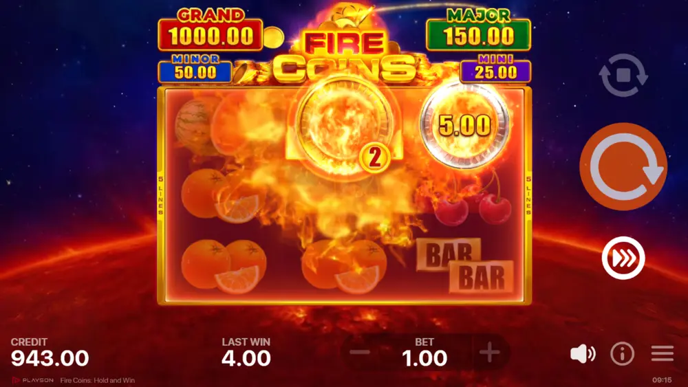 Fire Coins Hold and Win bonus game with re-spins active and counter reset to 3