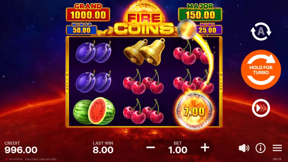 Fire Coin Feature collecting bonus symbol values in Fire Coins online slot