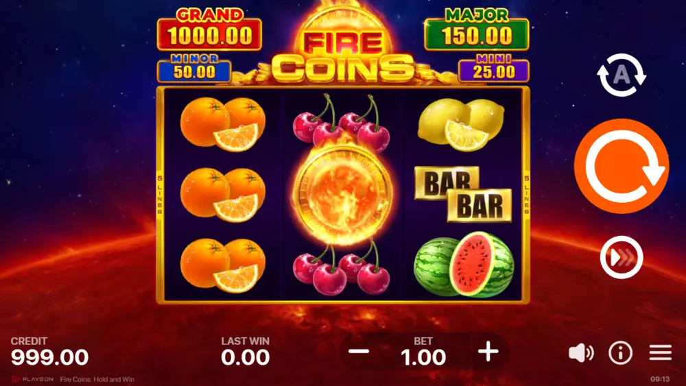 Fire Coins Hold and Win 3x3 base game grid with fruit symbols and 777 Wild
