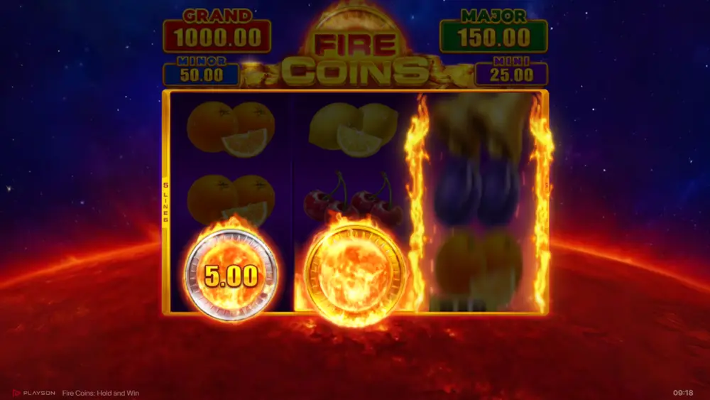 Pile of Gold Feature filling reels with Bonus symbols before Bonus Game in Fire Coins slot