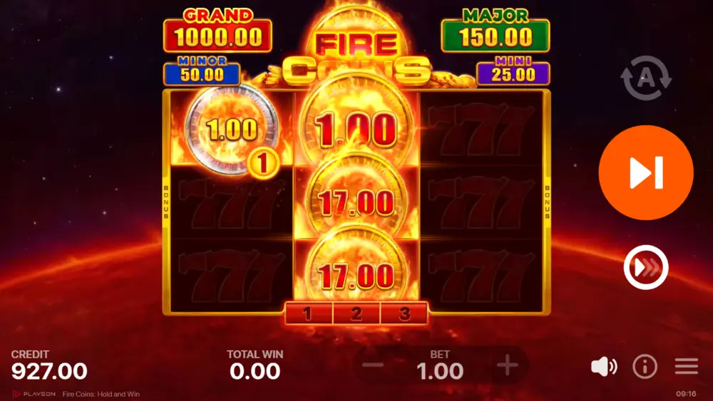 Sticky Bonus symbols on reels during Fire Coins base game with spin counters